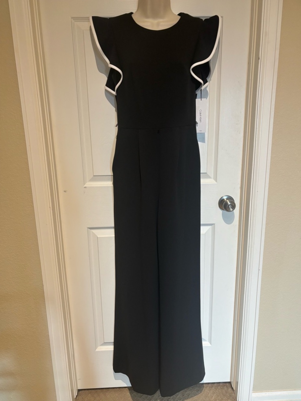 Calvin Klein Black Jumpsuit with White-Trim Ruffle Sleeves